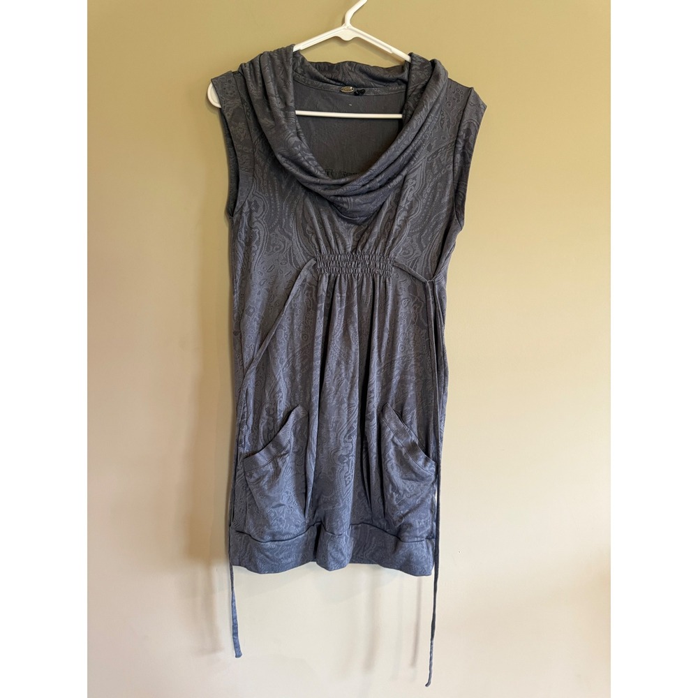 Guess Los Angeles Paisley Jacquard Cowl Neck Tunic Dress Smocked Waist Gray M